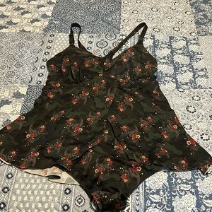 Green and Black skull with red and black roses bathing suit. Size 3 D/DD.